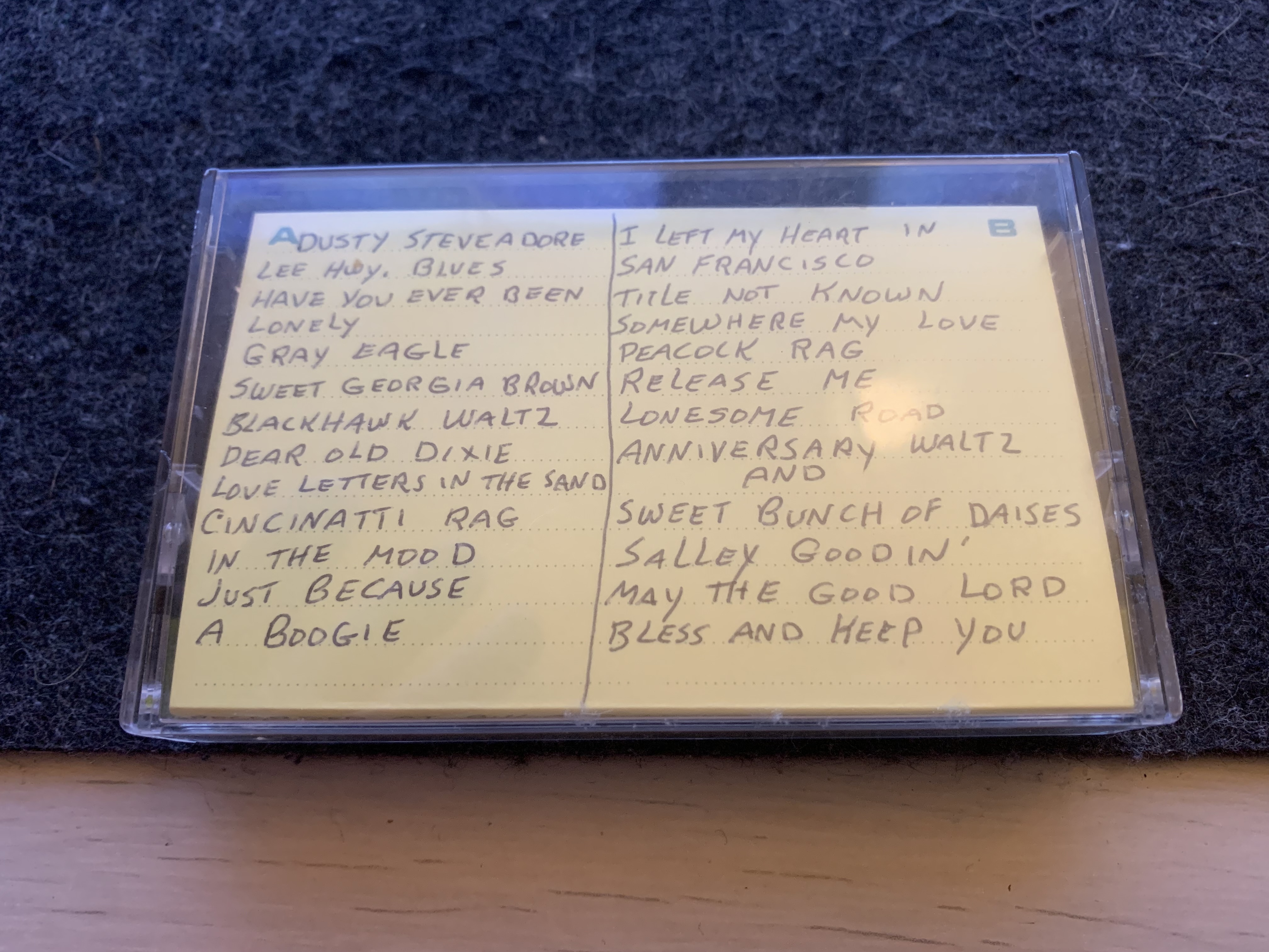 A cassette tape in a tape player on a desk