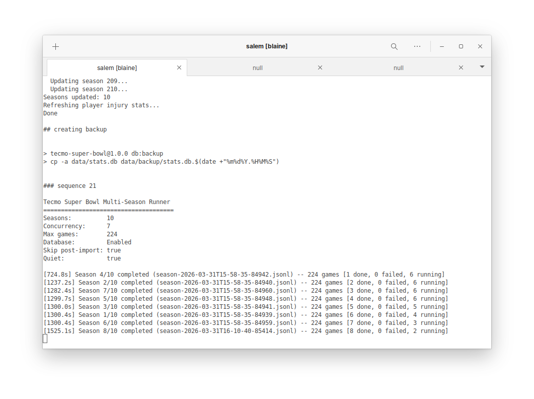 terminal output for tecmo super bowl automator